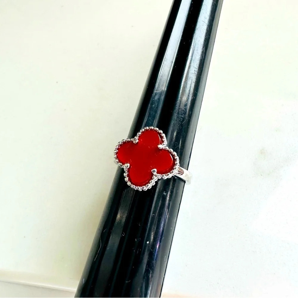 Sterling Silver Four Leaf Clover Carnelian Adjustable Ring